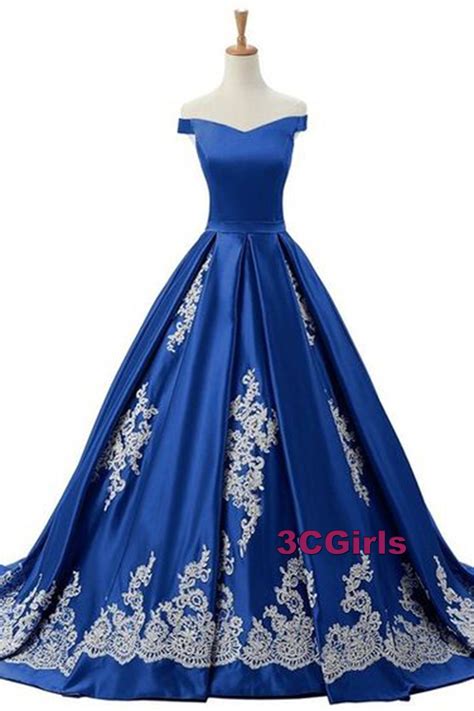 vintage prom dress  shoulder ball gown beautiful navy blue satin lace appliques long