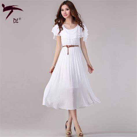With Belt Ruffles Decorated Shoulder Long Pleated Dress