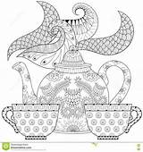 Teapot Zentangle Stylized Ornamental Cups Ethnic Artistically Beverage sketch template