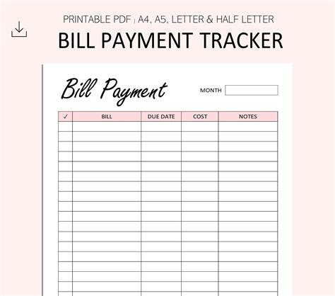 organizer  printable monthly bill payment log