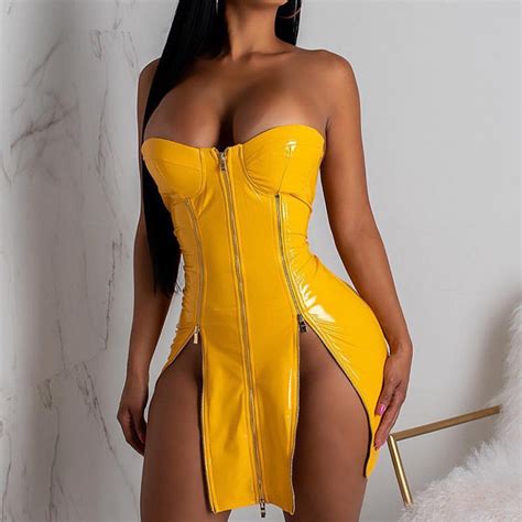 Sexy Pu Leather Dress Strapless Zipper Front Bandage Bodycon Party