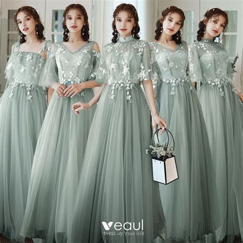 affordable sage green bridesmaid dresses    princess appliques lace backless floor