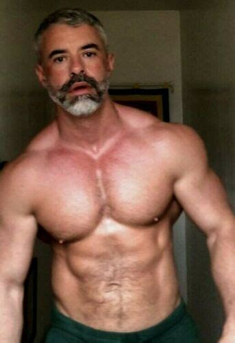 Shirtless Male Muscular Beefcake Older Mature Masculine Man Beard Photo