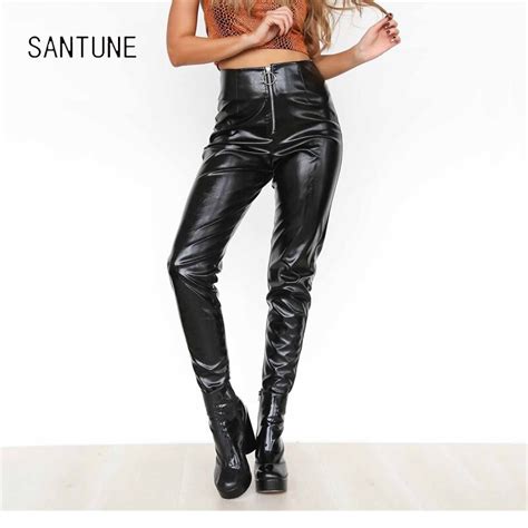 santune autumn pu leather pants double zipper tight waist women high