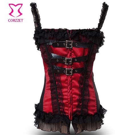 Red And Black Zipper Corset Top Victorian Lace Bustier With Straps Soft