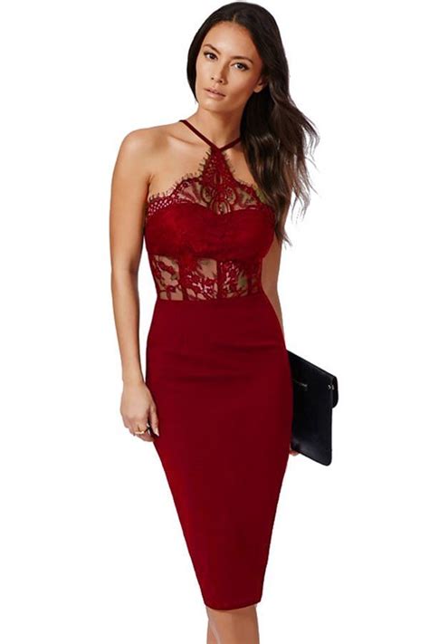 Women Navy Lace Short Red Halter Dress Online Store For