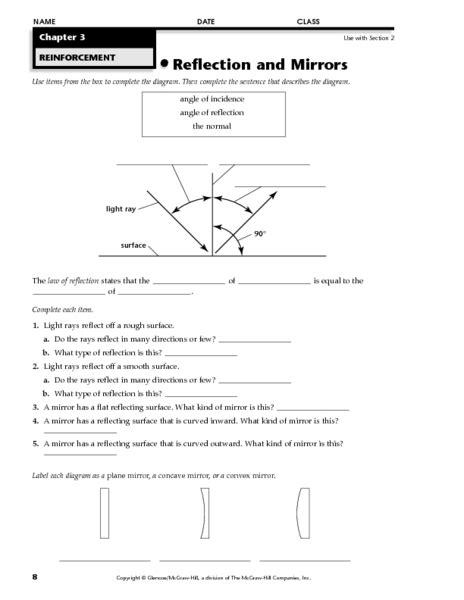 reflection  mirrors worksheet    grade lesson planet