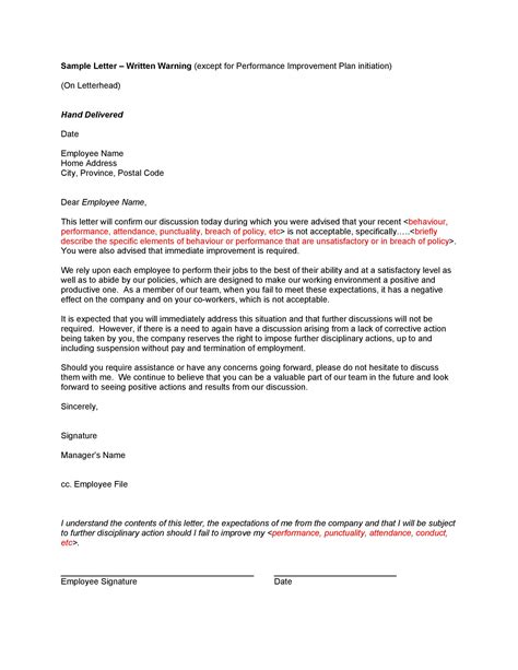 sample employee performance letter  letter template collection