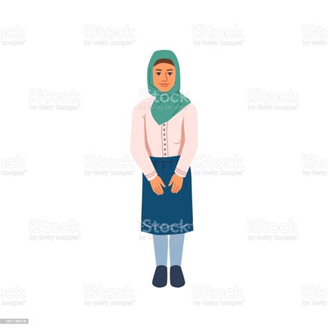 Moslim Tiener In Hijab Hoofddoek Nationale Doek Geïsoleerde Cartoon