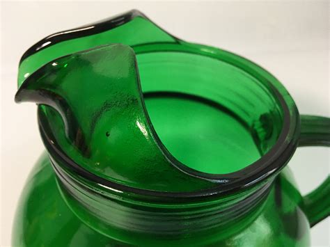 Vintage Green Glass Pitcher Rould Large Emerald Green Pitcher W