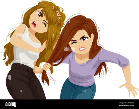 illustration of two teenage girls fighting and pulling hair of each