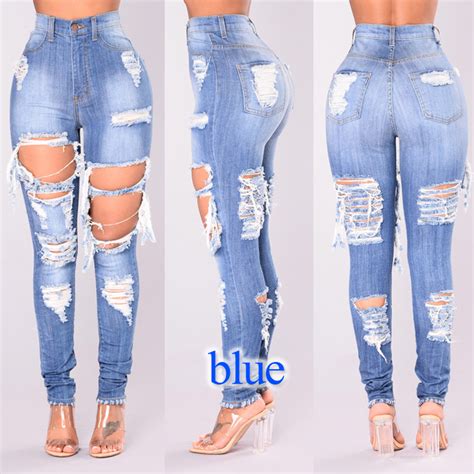 New Design Lady Girls Sex Ripped Blue Hole Mom Jeans High