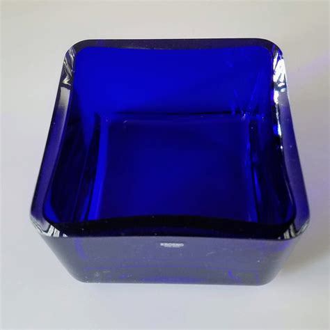 Vintage Cobalt Blue Art Glass Dish Krosno Poland Square Hand Blown