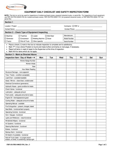 daily equipment inspection checklist template excel printable template