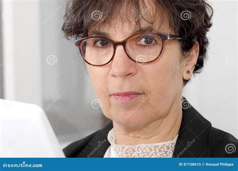 Portrait Of Brunette Mature Woman With Glasses Stock Image Image Of