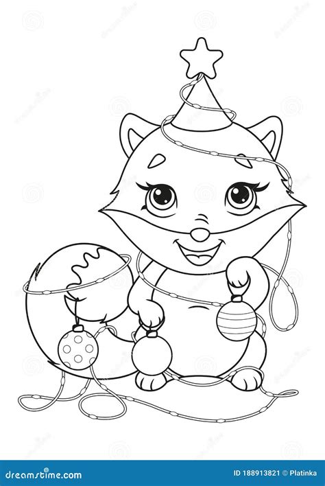fox  christmas garland  balls coloring page stock vector