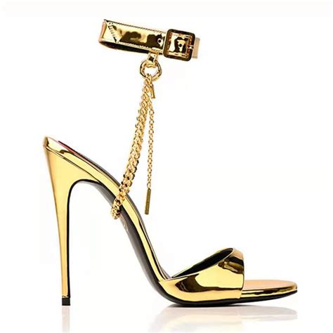 Hot Selling Round Toe Removable Chain Spike Heels Metallic Gold Pu