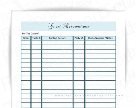 printable restaurant reservation sheet template