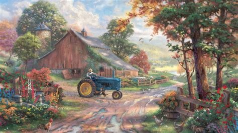 thomas kinkade painting farm barns chickens tractors flowers