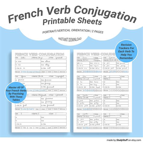 conjugation worksheet  master  french verbs study stuff
