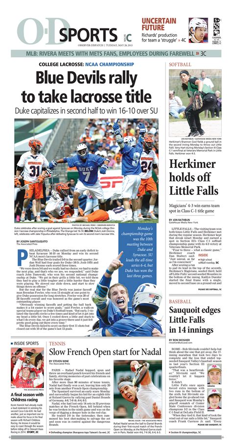 sports section front duke  syracuse lacrosse championships page