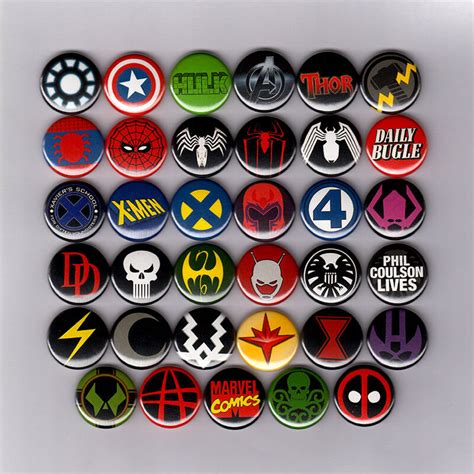 marvel comics logos 1 pins buttons avengers spiderman xmen iron man deadpool ebay