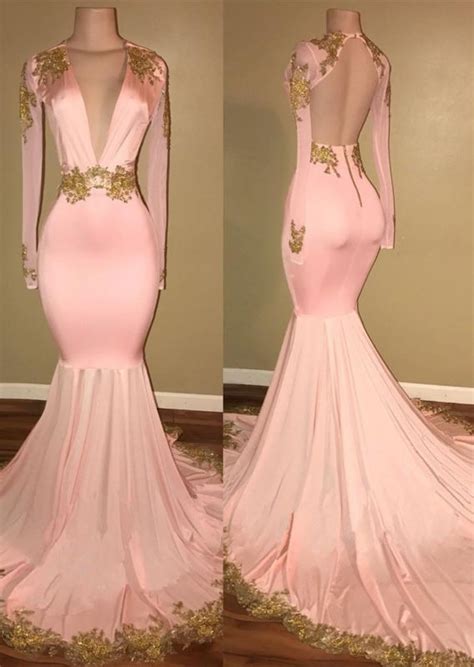 v neck long sleeve pink mermaid lace prom dresses cheap