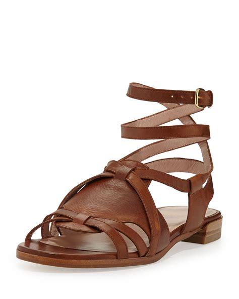 lyst stuart weitzman greek strappy leather sandal saddle  brown