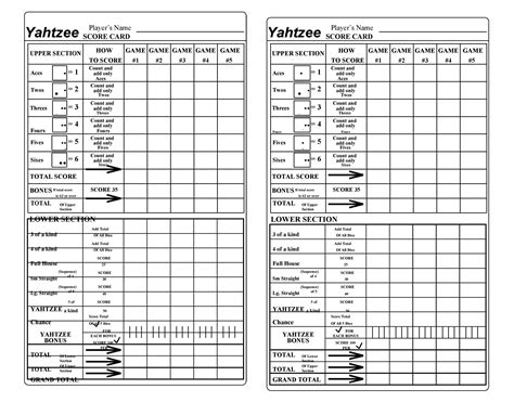 yahtzee score sheets  printable