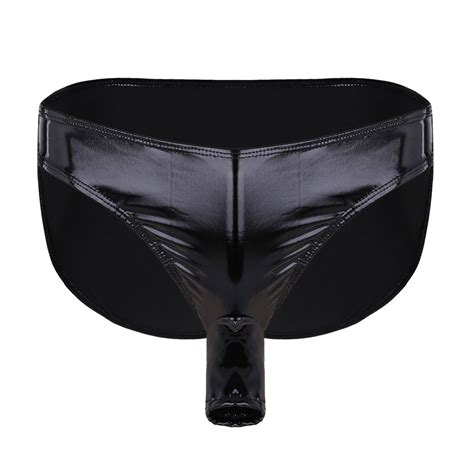Men Wet Look Patent Leather Briefs With Open Penis Sheath Pouch Bikini