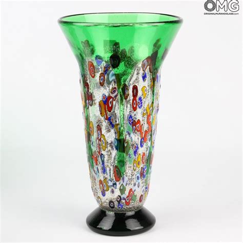 Edera Green Flowers Vase Murano Glass Millefiori