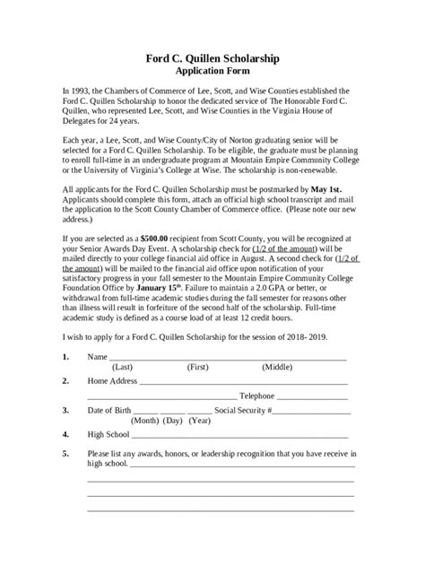 ford  quillen scholarship application  template pdffiller