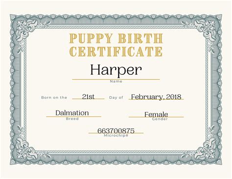 puppy birth certificate blank printable simple traditional theme etsy