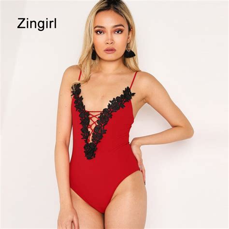 Zingirl Deep V Neck Strap Sexy Bodysuits Party Skinny Hollow Out