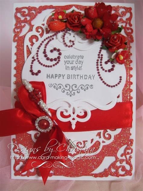 flowers ribbons  pearls red birthday card