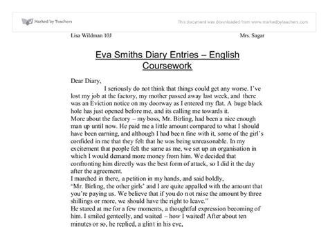 Eva Smiths Diary Entries English Coursework Gcse English Marked