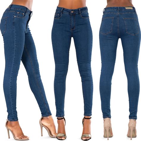 womens ladies sexy high waist skinny ripped jeans blue stretch denim