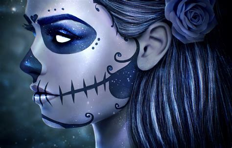 photo wallpaper girl face rose skull makeup art sugar skull