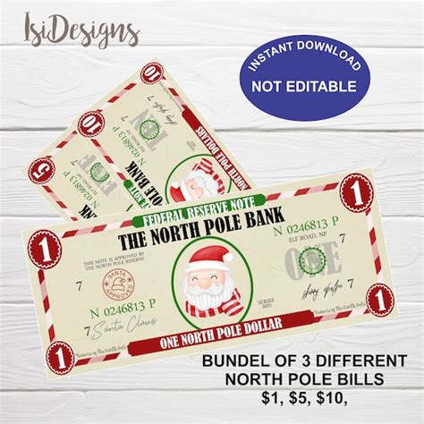 north pole printable money instant  santa bucks etsy