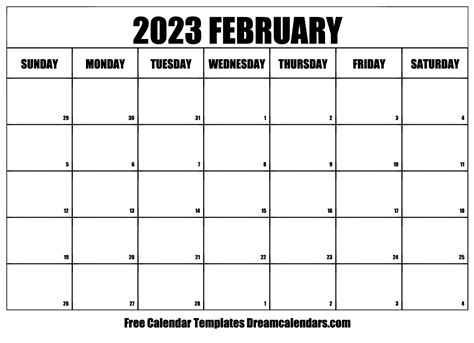 february  calendar  blank printable  holidays