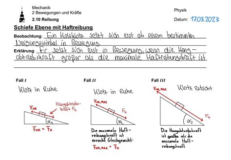 physik schiefe ebene mit haftreibung formel geschwindigkeit kraft