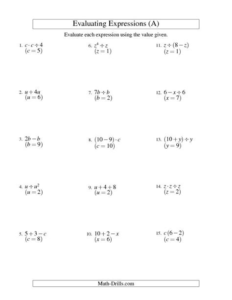algebra worksheet evaluating  step algebraic expressions