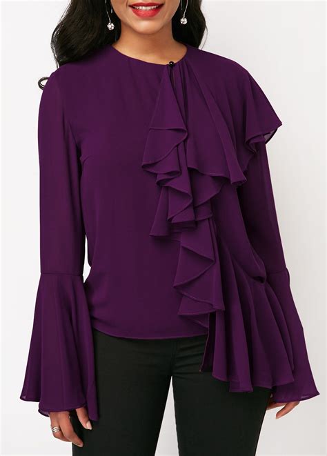 ruffle detail deep purple flare sleeve chiffon blouse trendy tops  women trendy tops
