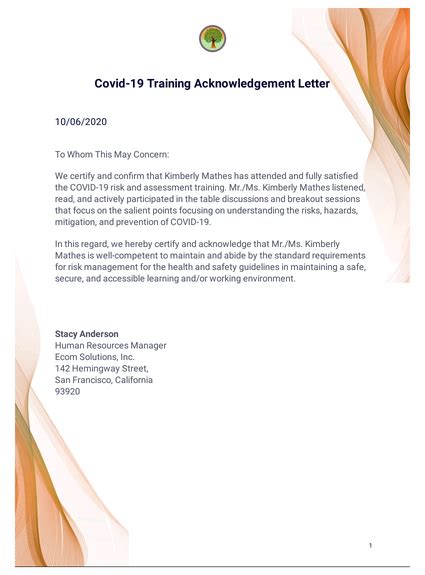 covid  training acknowledgement letter template  templates jotform