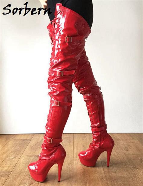 Sorbern Red Shiny 80cm Crotch Thigh High Boots With Heels Custom Wide