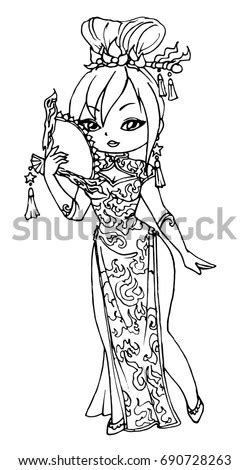cute cartoon girl chinese dress coloring stock vector