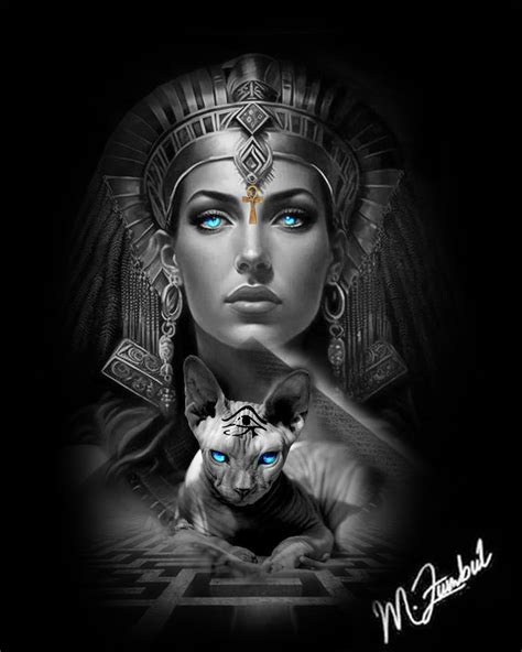 an egyptian woman with blue eyes and a cat on her shoulder in front of