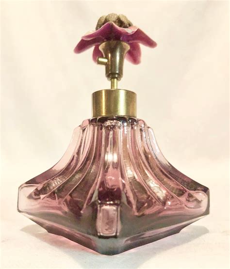 Vintage Purple Glass Perfume Scent Bottle Floral Gem Pump Top