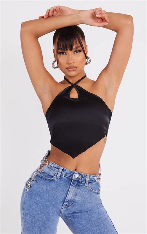 Black Satin Halterneck Pointed Hem Crop Top Prettylittlething