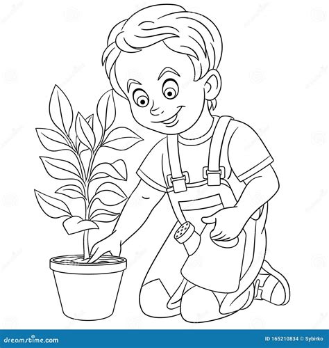 coloring page  boy planting tree stock vector illustration